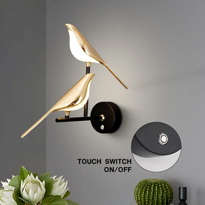 Creative Bird 360° Rotatable LED Wall Lamps Bedroom Bedside Indoor Golden Touch Switch LED Wall Lights Wall Sconce Home