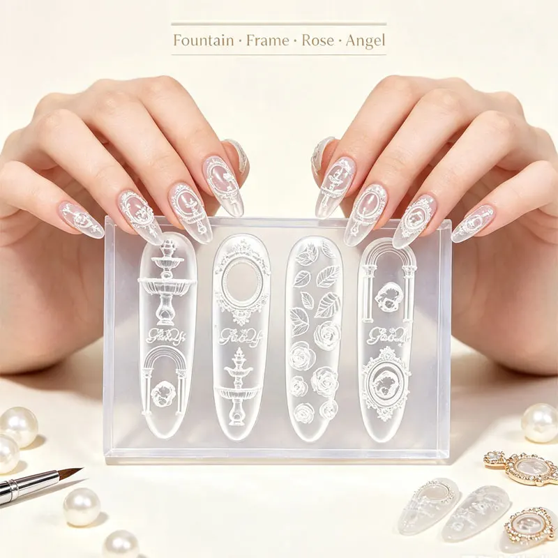 3D Vintage Relief Nail Silicone Mold Fountain Frame Rose Leaf Arch Angel Design Nail Art Sculpture Template DIY Acrylic Gel Nail