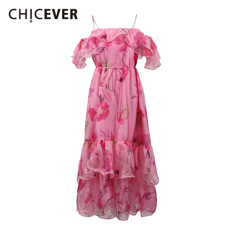 

CHICEVER Colorblock Printing Loose Dresses for Women Square Collar Off The Shoulder High Waist Elegant Sweet Folds Dress Female