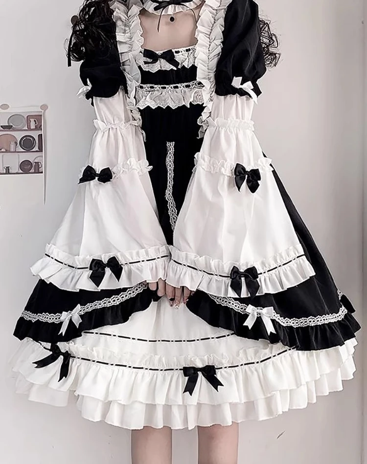 L-4XL اليابانية لوليتا فضفاضة كبيرة الحجم للإزالة فستان بكم طويل المرأة الصيف الظلام الحلو القوس الكشكشة مزاجه فساتين #5