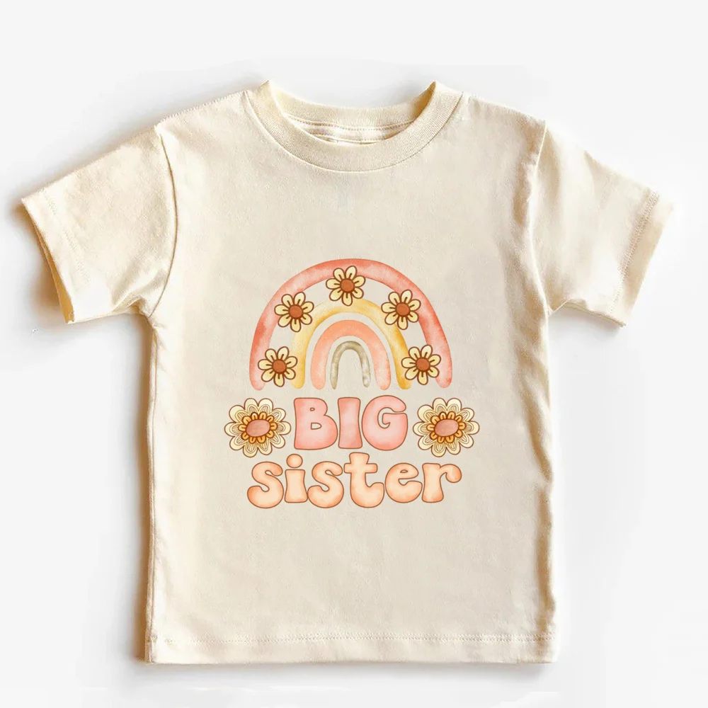 Big Sister Little Sister Rainbow Shirt Retro Sibling Matching Outfit Kids Short Sleeve T-shirt Tops Baby Large Bubbles Romper