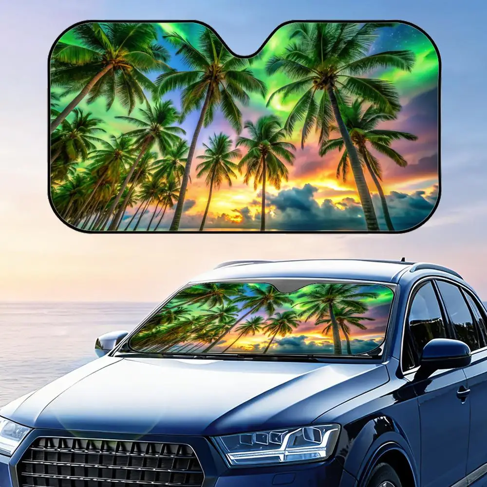 

Tropical Palm Tree Beach Sun Visor Foldable Universal Car Windshield Sun Shade UV Protection Heat Insulation Foldable Cover
