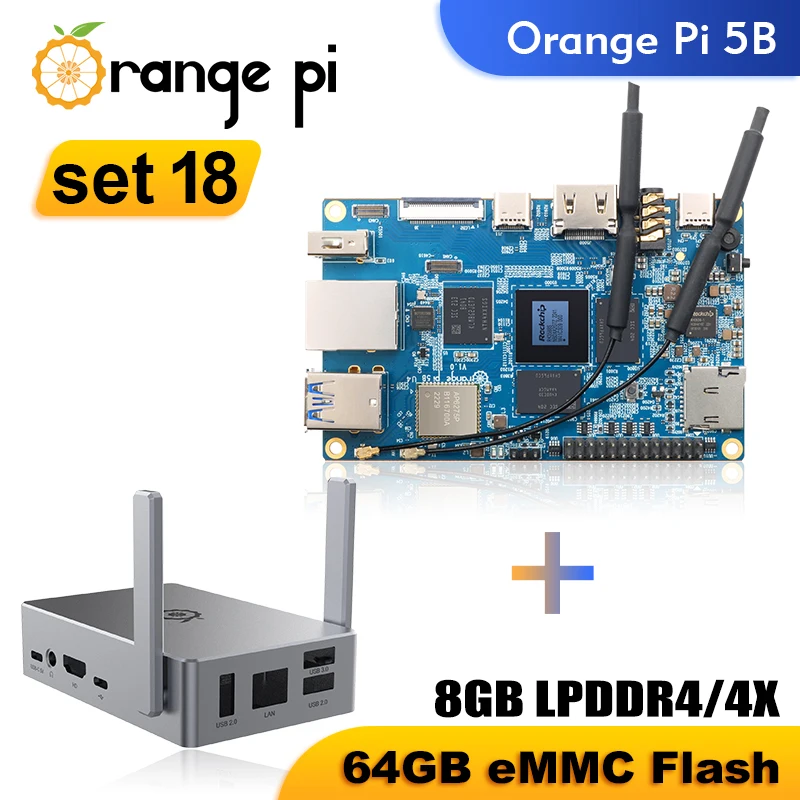 AvaCoreOrange Pi 5B + Metal Shell 8GB Ram Single Board Computer RK3358S 64GB EMMC Wifi-BT Development Board Pi 5 B Run Debian Ub