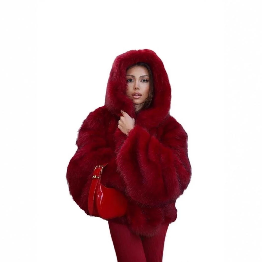 Autumn Winter  Fur Coat Women's ort Artificial Hair Angora Red Hooded Sle Cross-Border New Arrival Faionable