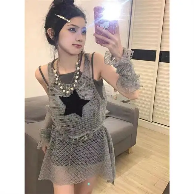 Japanese Girl Mesh Vest Dress Hot Girls Holes Hollow Out Sundress Star Patch Embroidery Asymmetric Vestido with Arm Sleeve Cool