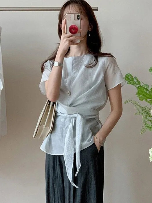 Slim Fit Short Sleeve Shirt Shoulder Padded Waist Cinched Korean Style Women's Fashion Spring Autumn Winter Casual Wear