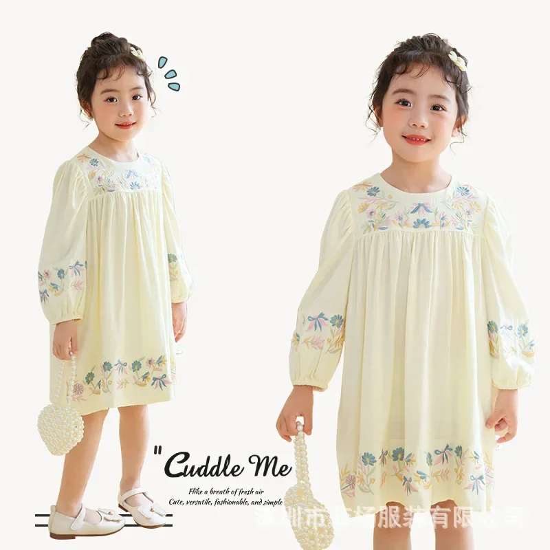 

2025 New Spring Dress Korean Edition Girls' Pure Cotton Embroidered Children's Little Girls' Elegant Princess Dress