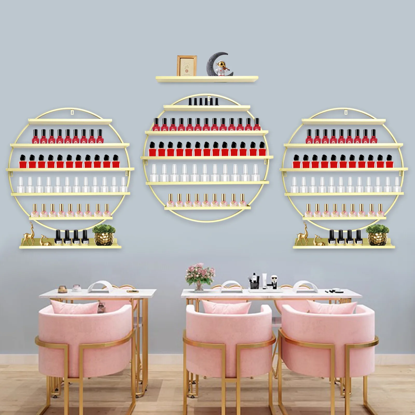 

3Pcs Wall-Mounted Nail Salon Display Stand Gold Round Nail Polish Storage Rack