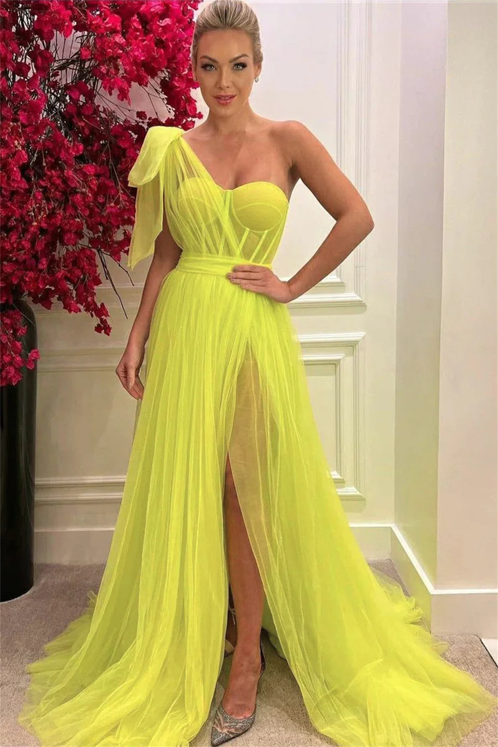 Elegante vestido de fiesta de gasa en forma de A para mujer, vestido de noche verde de lujo, vestido de fiesta de boda con abertura lateral, vestido