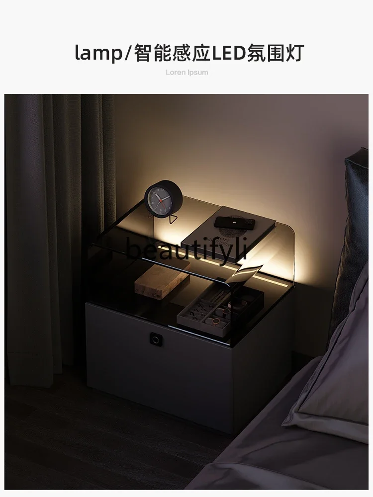 

01A Italian minimalist smart bedside table with fingerprint lock bedside table light luxury small locker