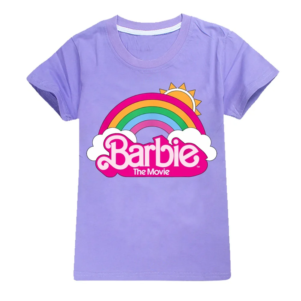 Kawaii Barbie Pink T-Shirt Cartoon Rainbow Kids Summer Round Neck Undershirt Soft Cotton Boys Girls Sportswear Uniforms Gifts