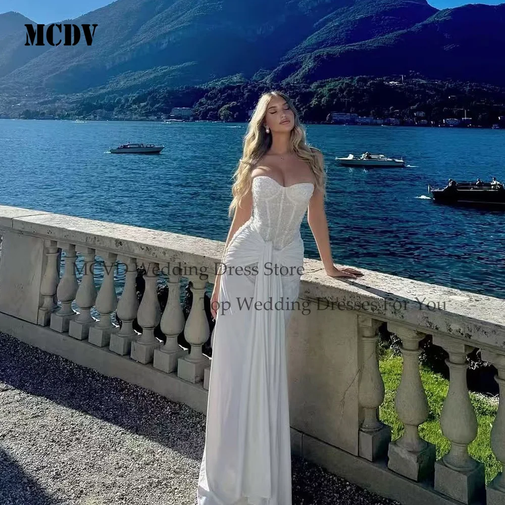 Mcdv brilhante sereia vestidos de casamento sem mangas glitter festa vestido de noiva com zíper voltar sem alças plissado vestido de baile de noite personalizado