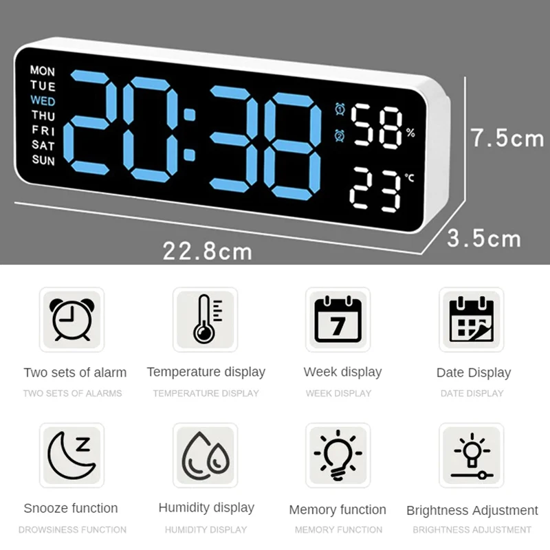 Large Digital Wall Clock Temperature And Humidity Week Display Brightness Adjustable Electronic LED Table Alarm Clock