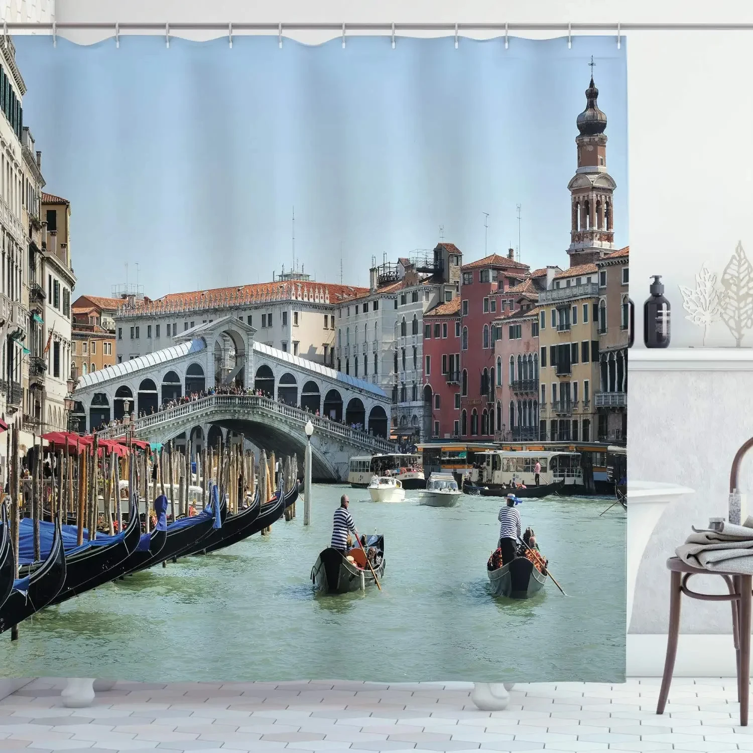 European Shower Curtain Grand Canal in Venice Horizon Town International Heritage Urban Image Bathroom Set with Hooks Home Decor