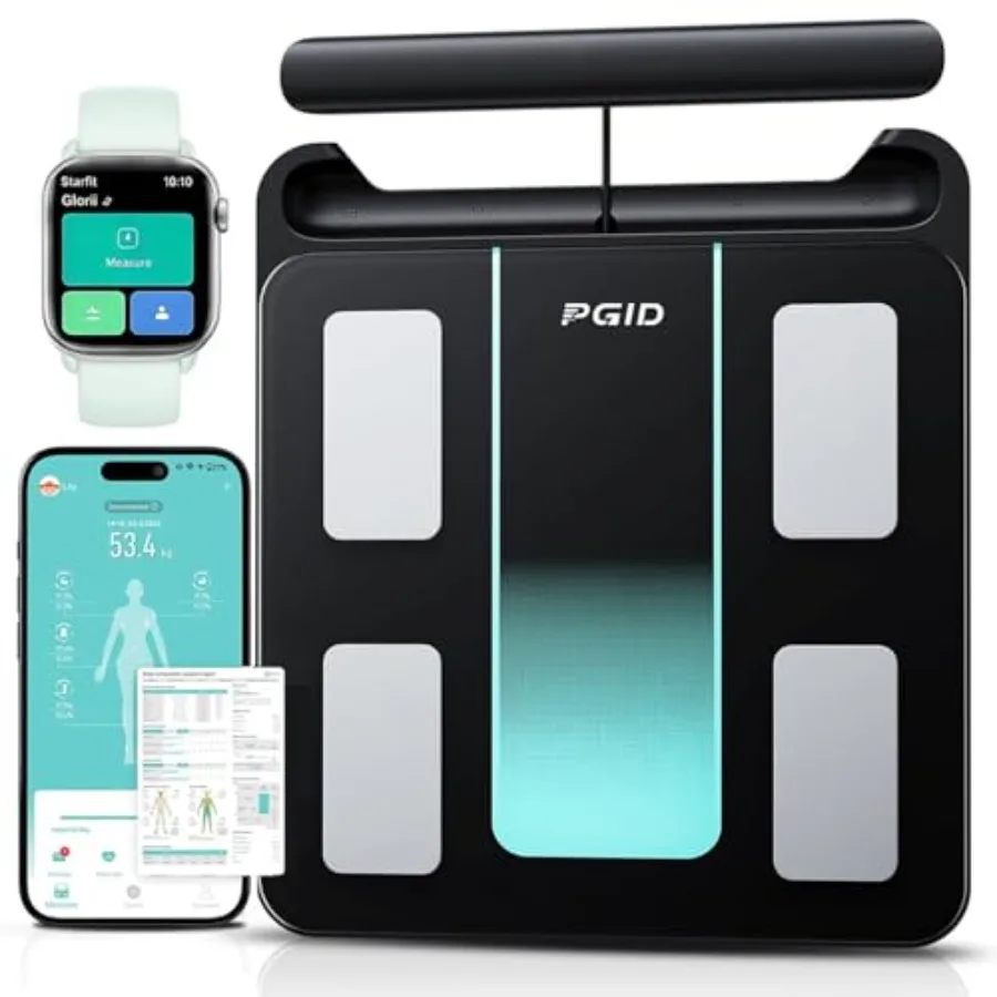 

Smart bathroom scale for home use, ABS plastic, white, 29-body-composition metrics including BMI and body fat with LED display