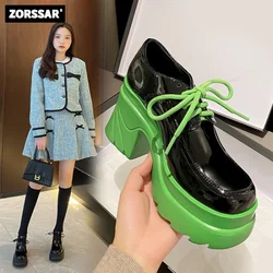 2024 Chunky Platform Pumps Women 2024 Spring Lace Up Thick Heels Loafers Woman Round Toe Patent Leather Shoes Student Shoes Girl