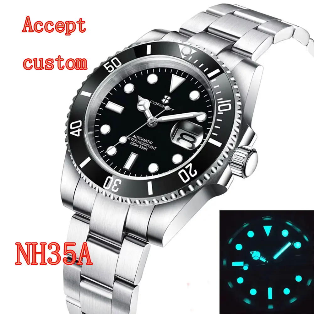 40 مللي متر Corgeut رجل ساعة شعار مخصص فاخر الياقوت NH35 ساعات آلية أوتوماتيكية السيراميك الحافة 120 انقر مضيئة