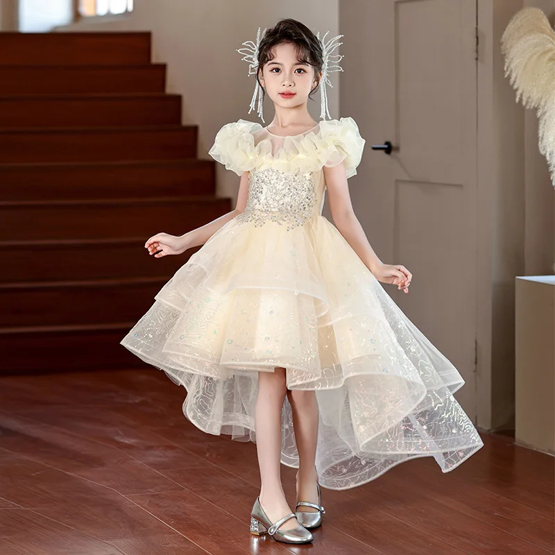 Girls' Mesh Evening Dress for Older Children, Flower Girl Wedding Dress3-14Princess Dress with Train