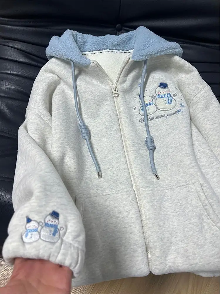 Cardigan ouvert à capuche pour femme, sweat-shirt rétro brodé, vêtements d'extérieur amples, tendance hiver 2025, nouveau style coréen