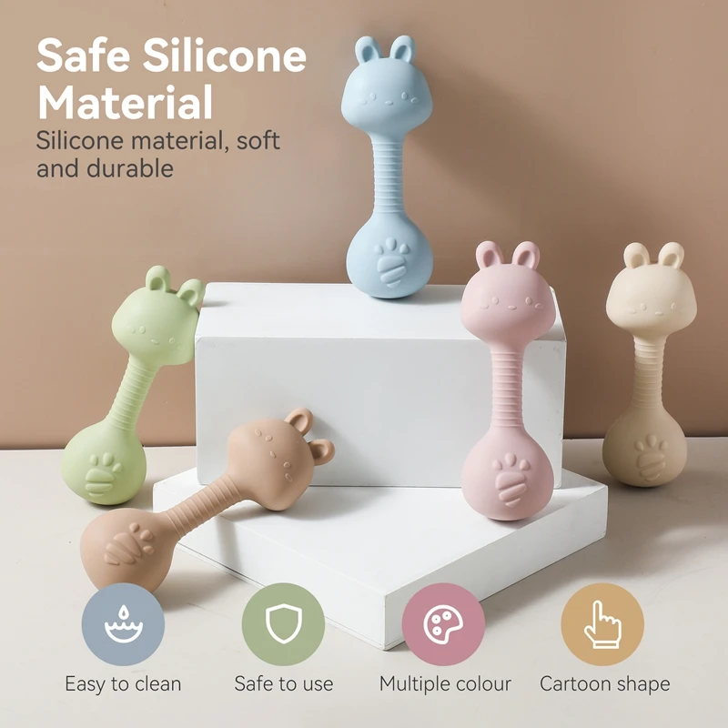 Silicone Rattle Teeth Toy 0-12 Months Baby Teething Chewing Toys Cartoon Rabbit Touch Sound Sensory Teething Gifts For Newborns