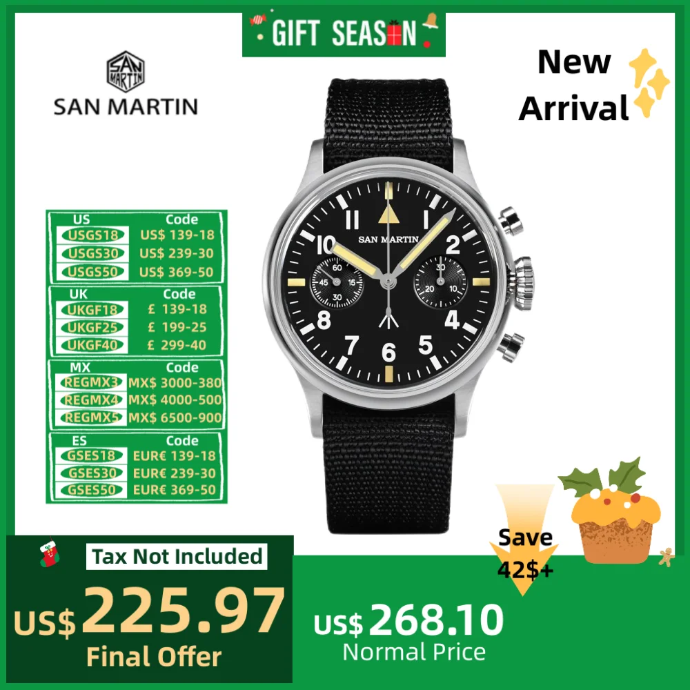 San Martin 38.5mm Hand-Wind Chronograph Watch ST1901 Retro Pilot Wristwatch Sapphire BGW-X1 C3 Lume 10Bar Montre Homme SN0105JS