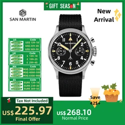 San Martin 38,5mm reloj cronógrafo de cuerda manual ST1901 reloj de pulsera piloto Retro zafiro BGW-X1 C3 Lume 10Bar Montre Homme SN0105JS