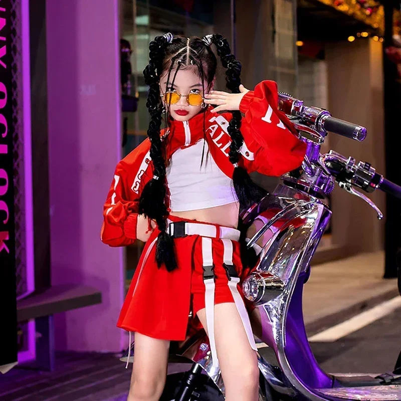 

Красный костюм танцовщицы джаза для девочек-подростков, костюм Kpop, одежда для танцев в стиле хип-хоп, детская сценическая одежда для черлидинга DL9942