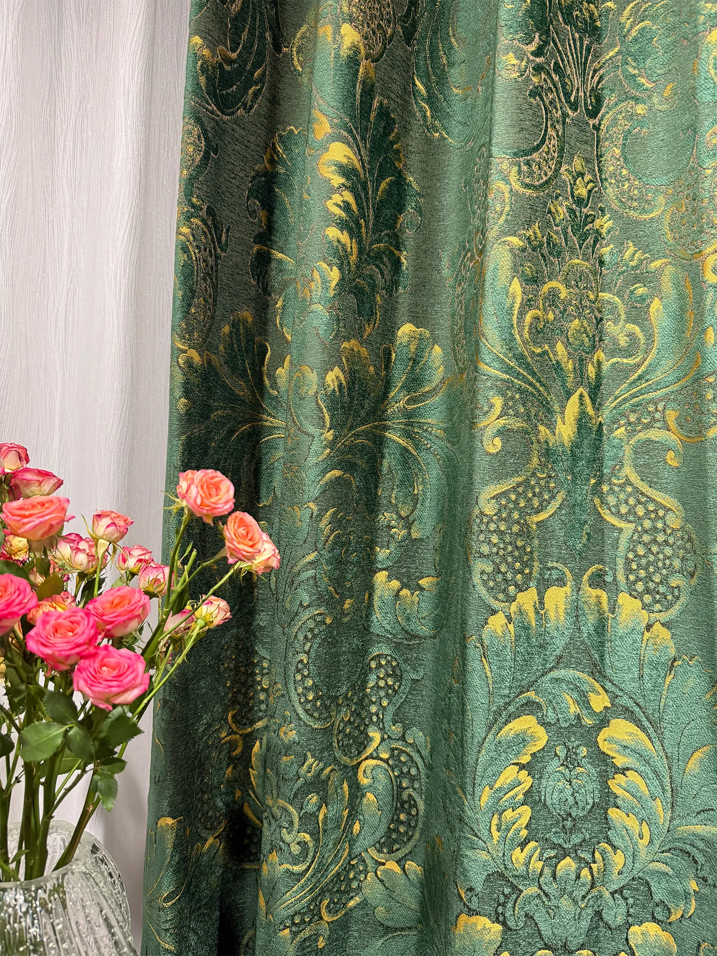 European Green Jacquard Velvet Thickened Curtains for Living Room Bedroom Balcony Partition Curtains Customized Villa Decoration