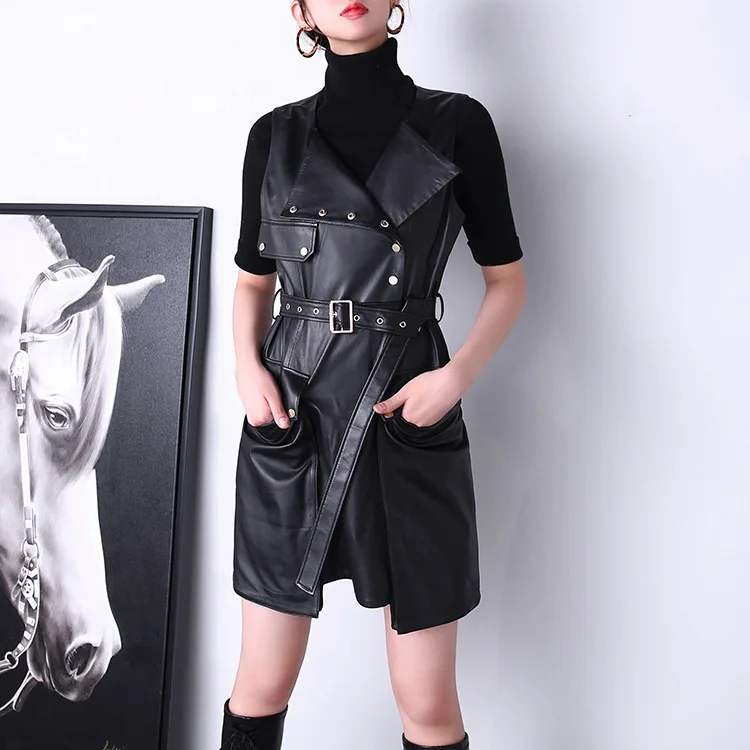 

2023 Fashion New Genuine Leather Dress Casual Belt Large Pocket Sheepskin Dress E5