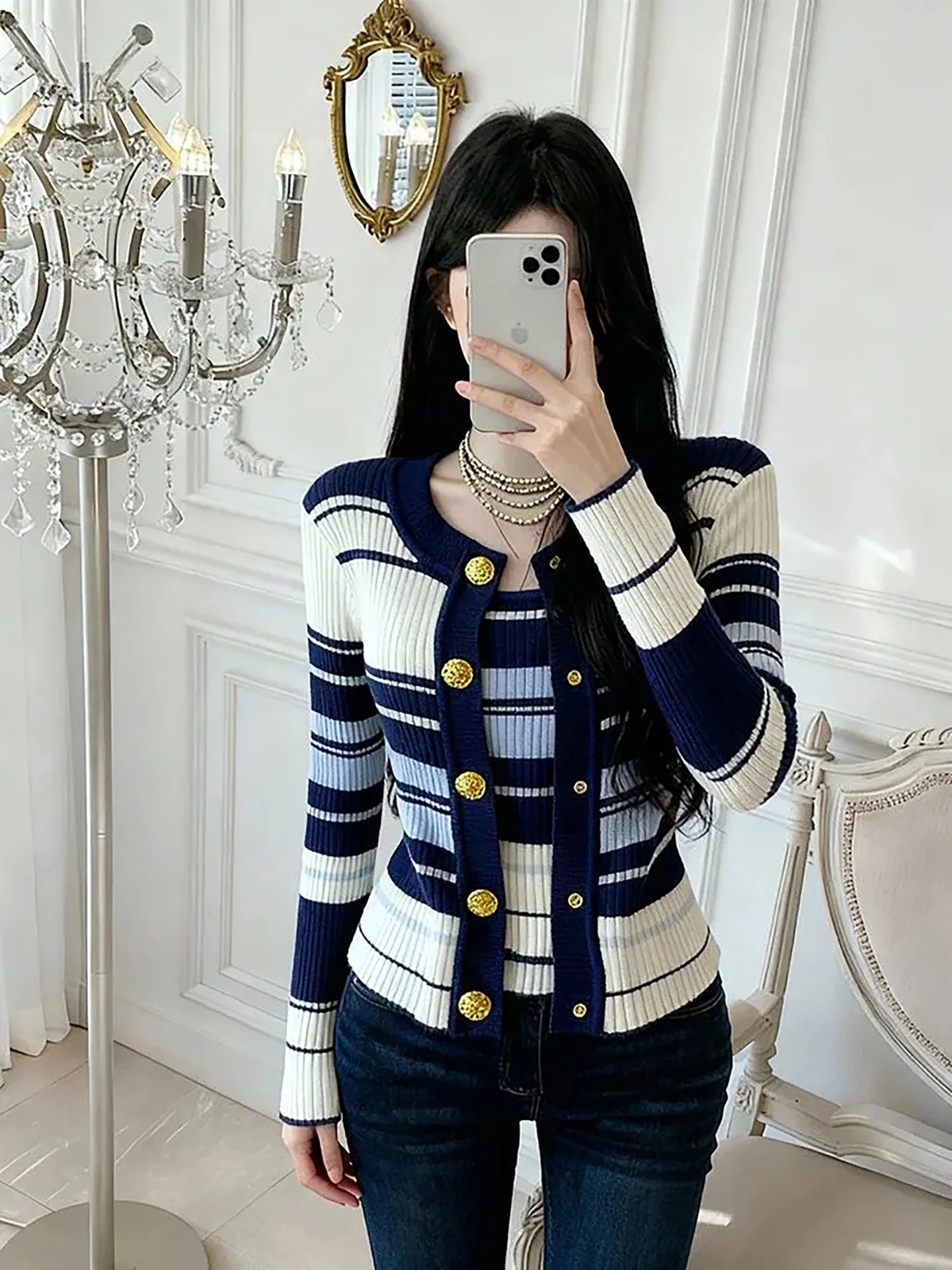 

Korean Sle College Two-Piece Set Women's Spring New Color Blo Striped Knitted Cardigan Inner Tank Top Set Faionable