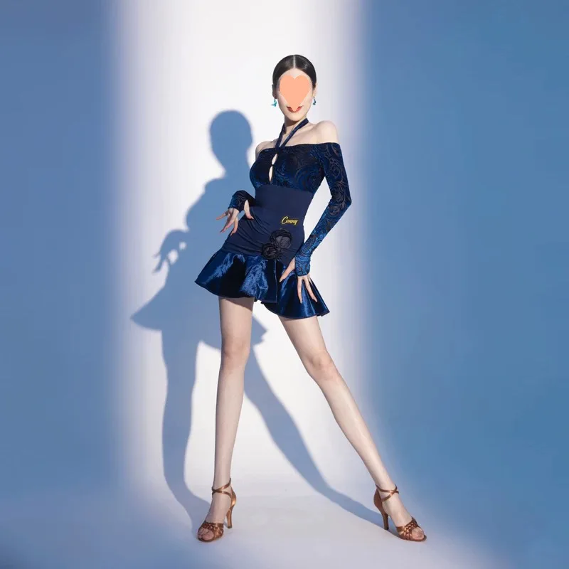 Terno de dança latina feminino estilo estrangeiro saia de prática manga longa top de uma peça com design de ombro de uma palavra
