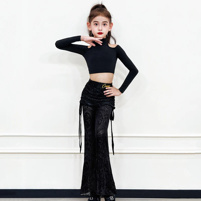 

Топ для латинских танцев, комплект кастрюль для девочек, тренировочная одежда для латинских танцев, черные топы с длинными рукавами, расклешенные брюки, детская одежда для занятий ча-ча-румба 2227