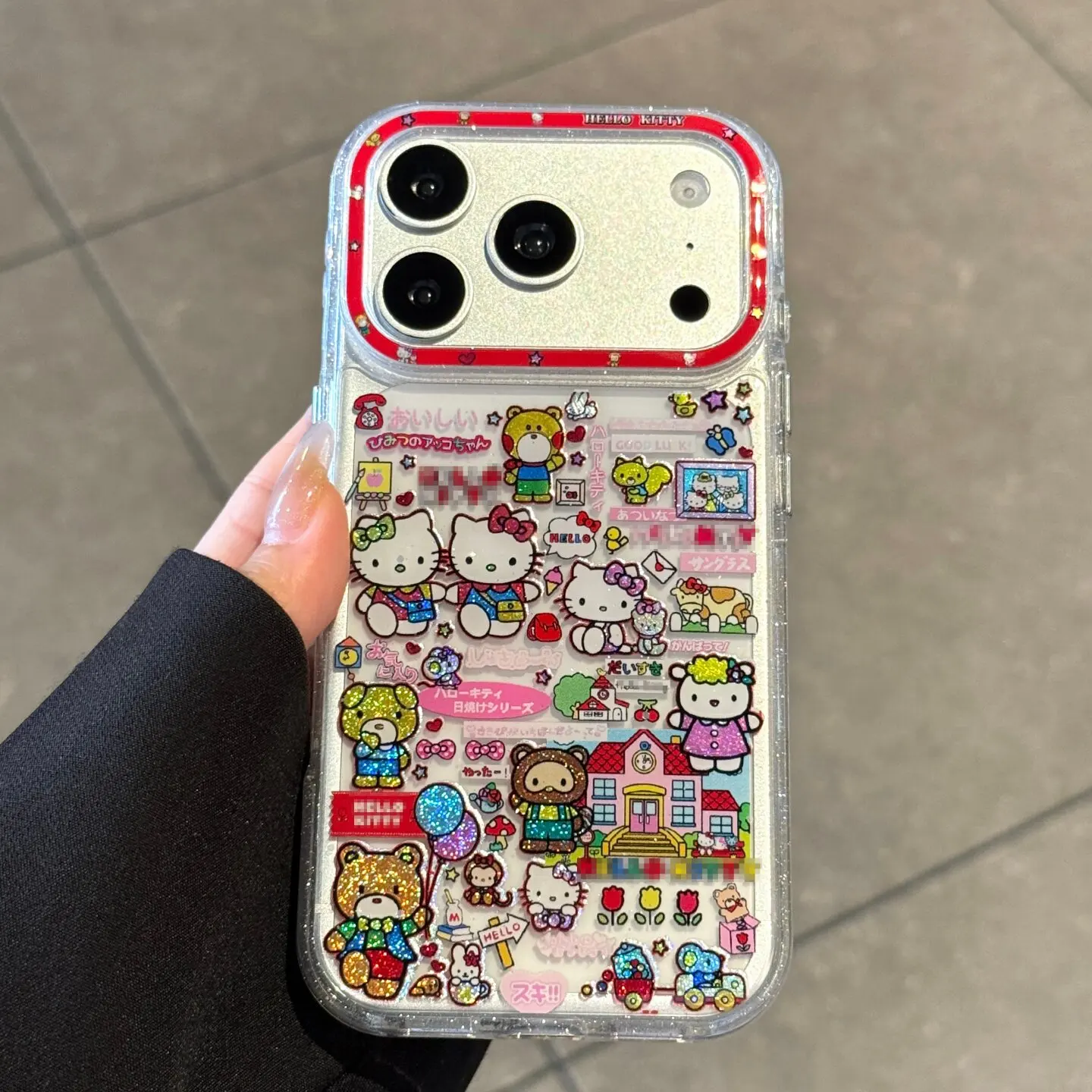 Cute Cartoon Sanrio Hello Kittty Bear Bling Glitter Sticker Phone Case For iPhone 17 16 15 14 13 Pro Max Shockproof Hard Cover