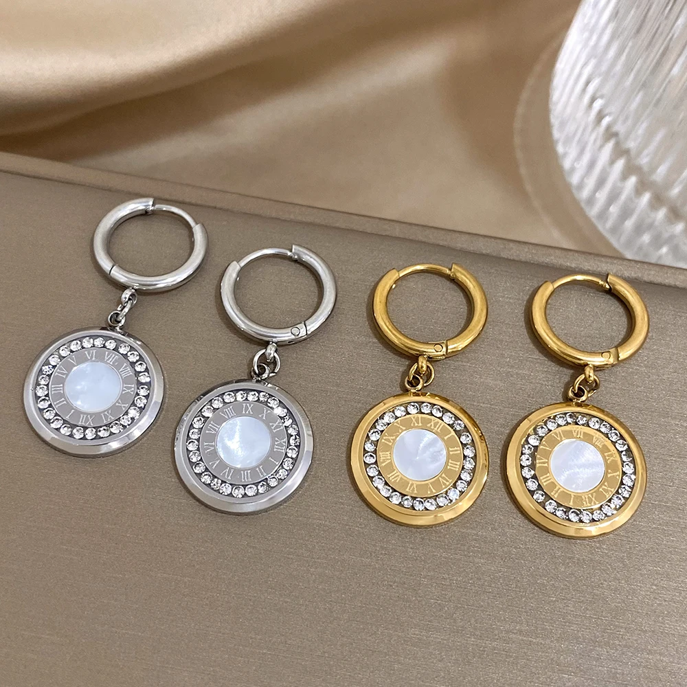 Flashbuy Luxury Women‘s Stainless Steel Rhinestone Roman Numeral Drop Earrings For Women Elegant Statement Fashion Accessories