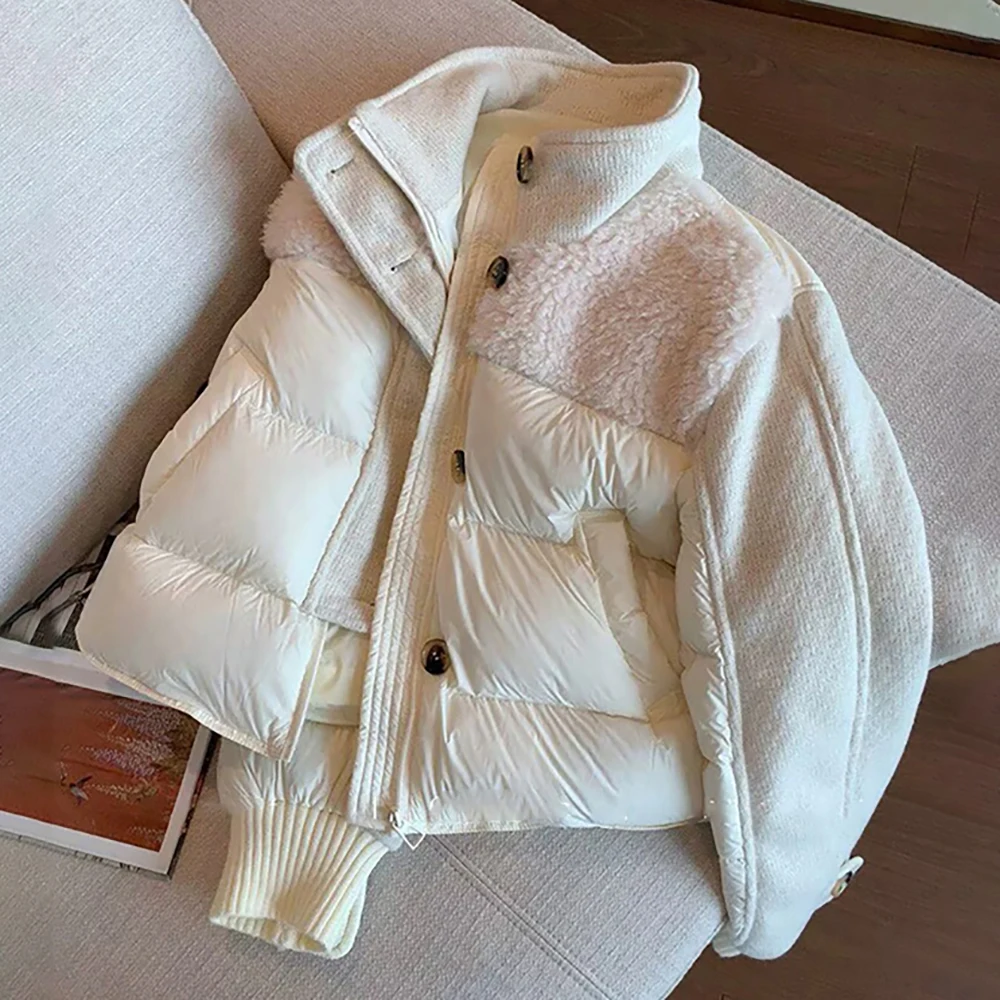 Women Cropped Cotton Puffer Jackets Autumn Winter Thick Warm Stand Collar Lambswool Spliced Quilted Coat Trendy Outerwear
