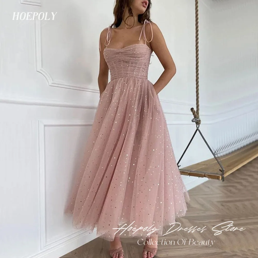 

Hoepoly Simple Backless Strapless Wedding Dress 2023 Slim Tulle Prom dress Spaghetti Strap A-LINE Ankle-Length Evening Dress