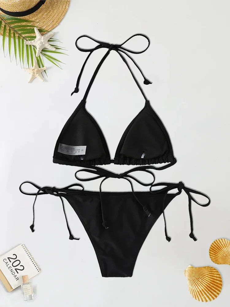2 unid/set 2024 traje de baño Sexy de moda para mujer, conjunto de Bikinis, traje de baño triangular, ropa de playa con cordón, trajes de baño de una pieza, bikini brasileño