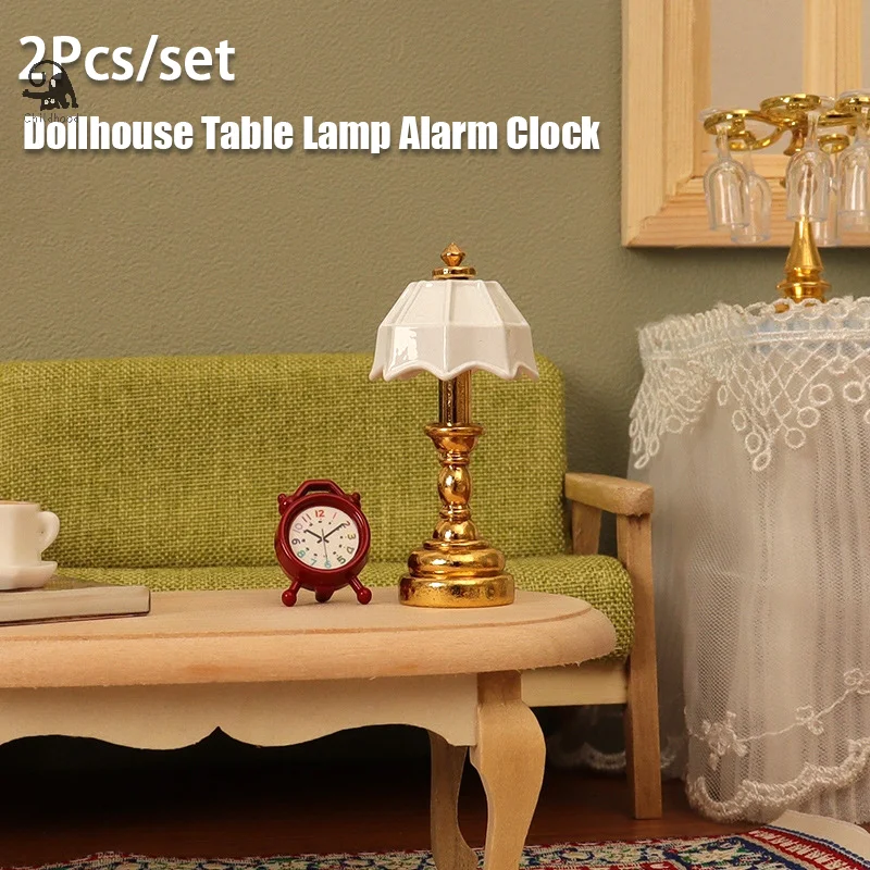 2Pcs 1:12 Dollhouse Miniature French Desk Lamp Lights Alarm Clock Mini Bedside Lamp Bedroom Living Room Home Furniture Model Toy