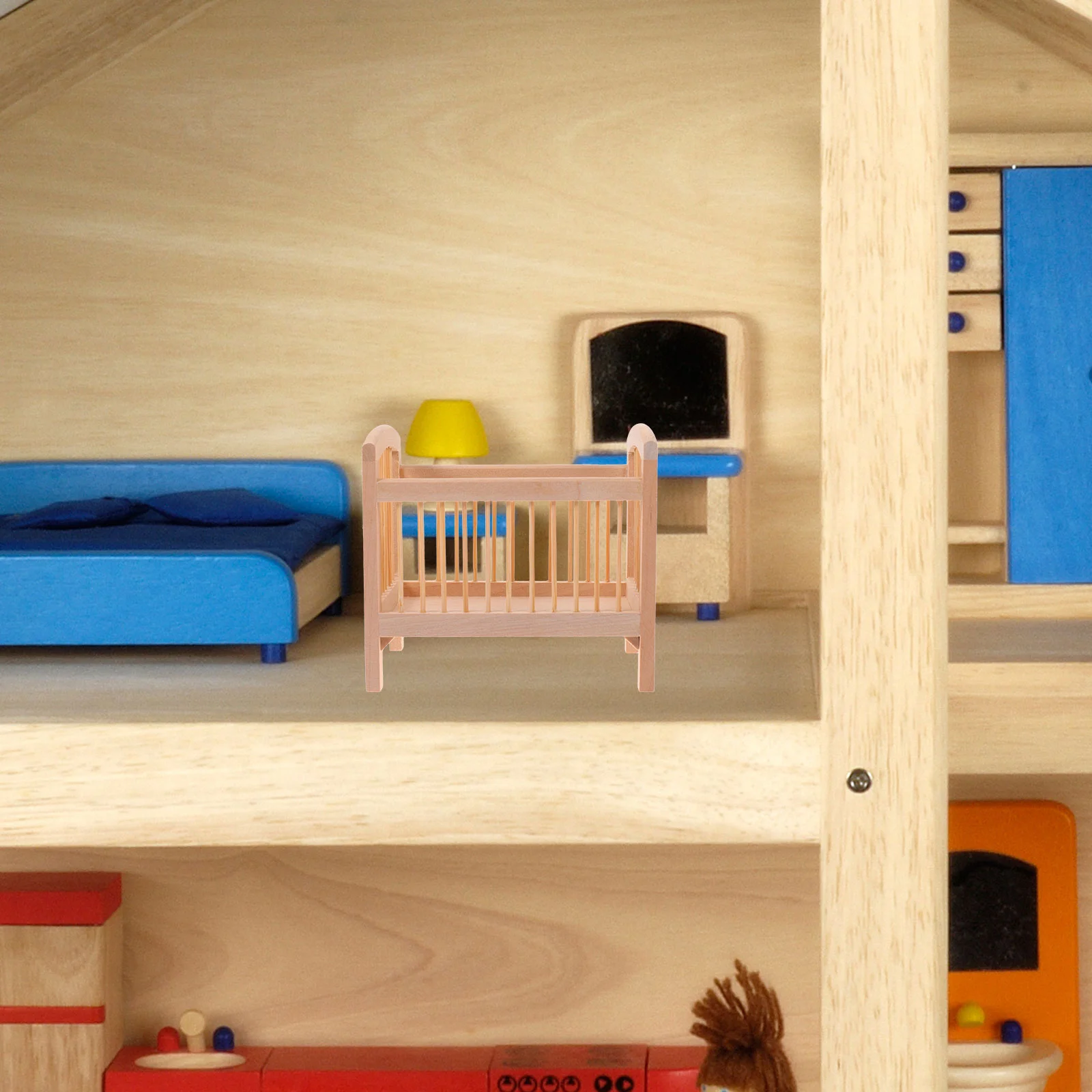 Mini casa móveis berço em miniatura cama de brinquedo para crianças brincar berço de madeira bebê