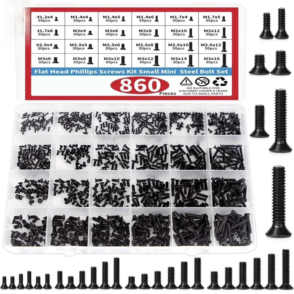 860PCS Black Cross Flat Head Screws Kit Carbon Steel M1.2-M-3 Countersunk Head Screw For Eyeglasses Repair Computer Maintenance