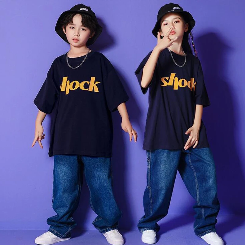 Kids Kpop Hip Hop Clothing Teen Streetwear Outfit Graphic Tee Tops Denim Pant Streetwear For Girl Boy Jazz Dance Costume Clothes