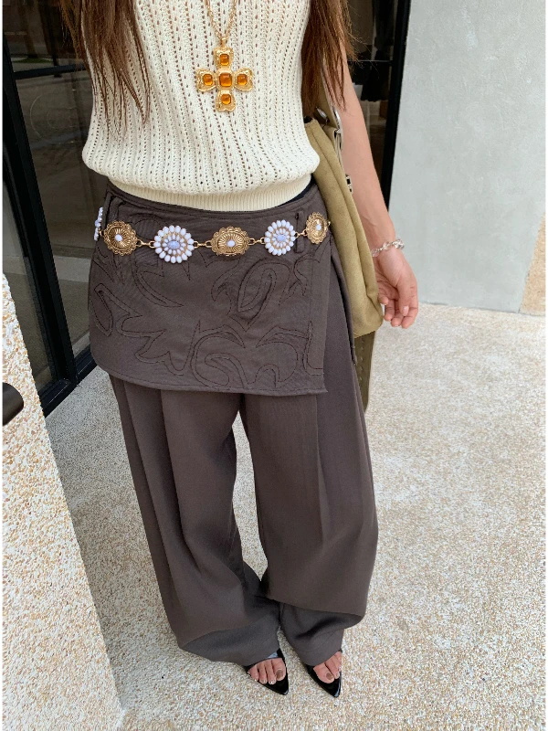 

Ele High Waist Straight Leg Casual Pants Women's Embroidered Skirt Split Design Layered Wear Spring Autumn Heavy Du