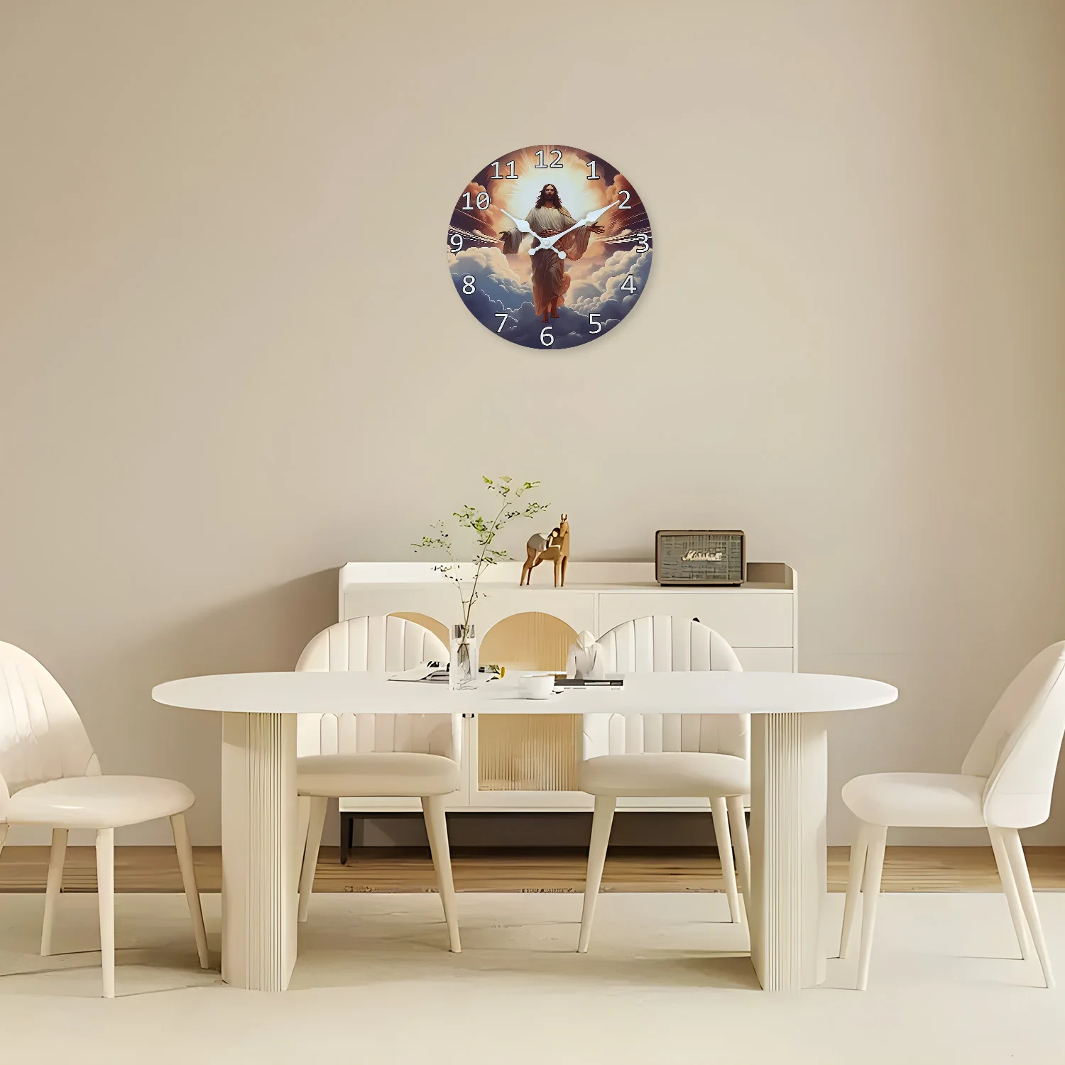 Artistic Circular Luminous Jesus Rising Pattern Wooden Wall Clock for Living Room, Bedroom, Kitchen, Home Decoration, Silent Quartz Clock, Holiday Gift, 10 Inches, 12 Inches, 14inch, 16inch (Battery Not Included)