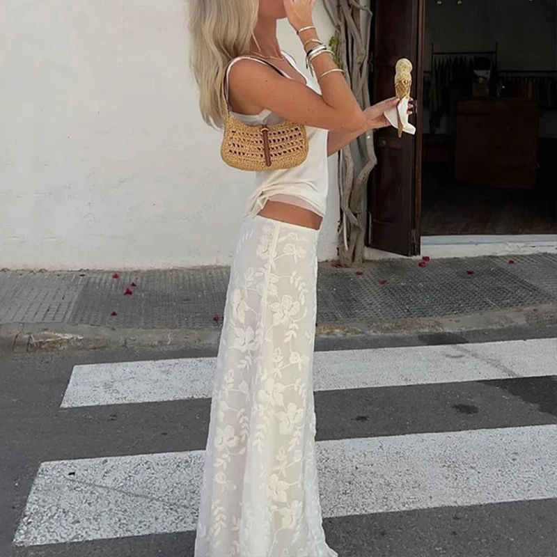 OMSJ 2025 Nuovi Arrivi Moda Donna Vintage a vita bassa Gancio Fiore Dritto Allentato Fit Mezza Gonne lunghe Casual Vacanza Streetwear