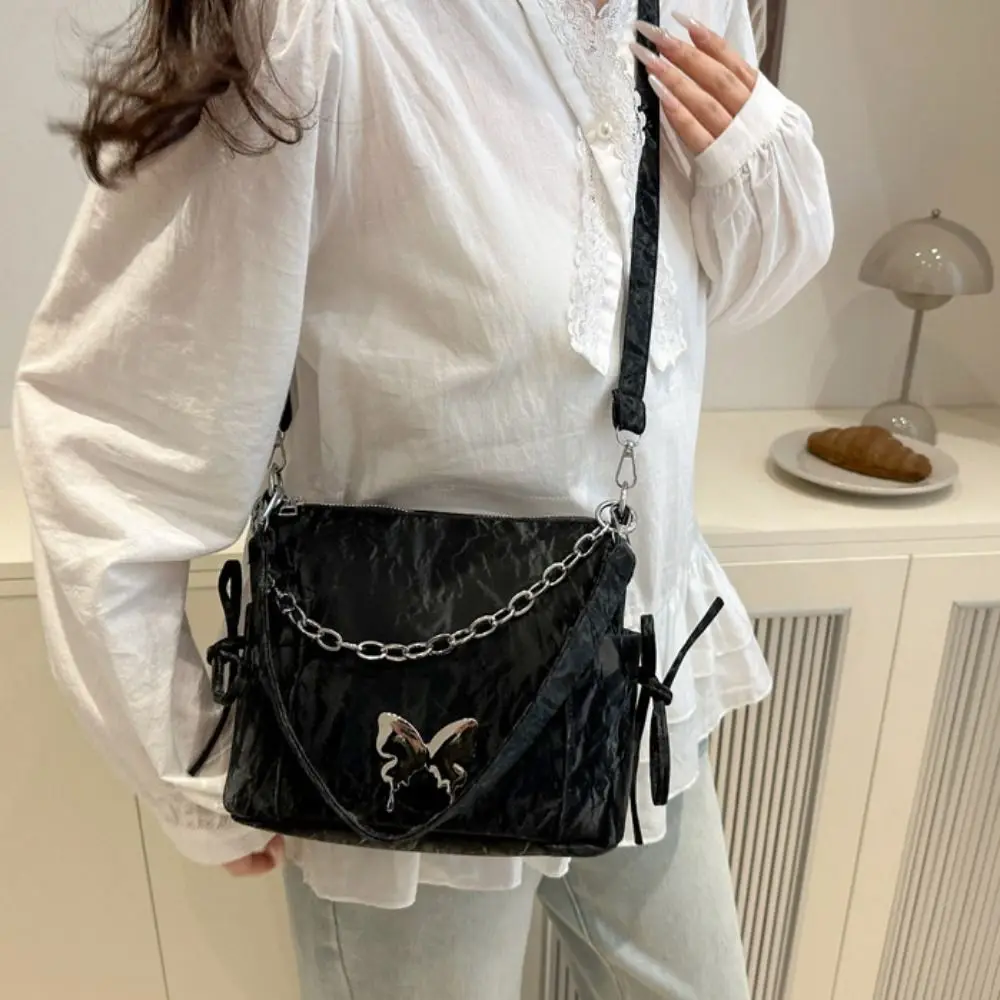 

Butterfly Decor Silver Butterfly Handbags Pearls Chain Metal Chain Drawstring Shoulder Bag Solid Color Versatile