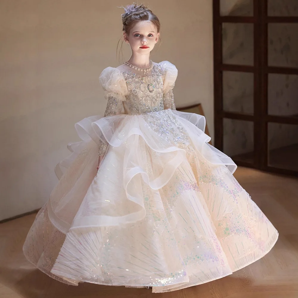 

Kids Girls Princess Dress Flower Girl Wedding Party Dress Luxury High End Children Evening Formal Long Sleeve Gown For Baby Girl