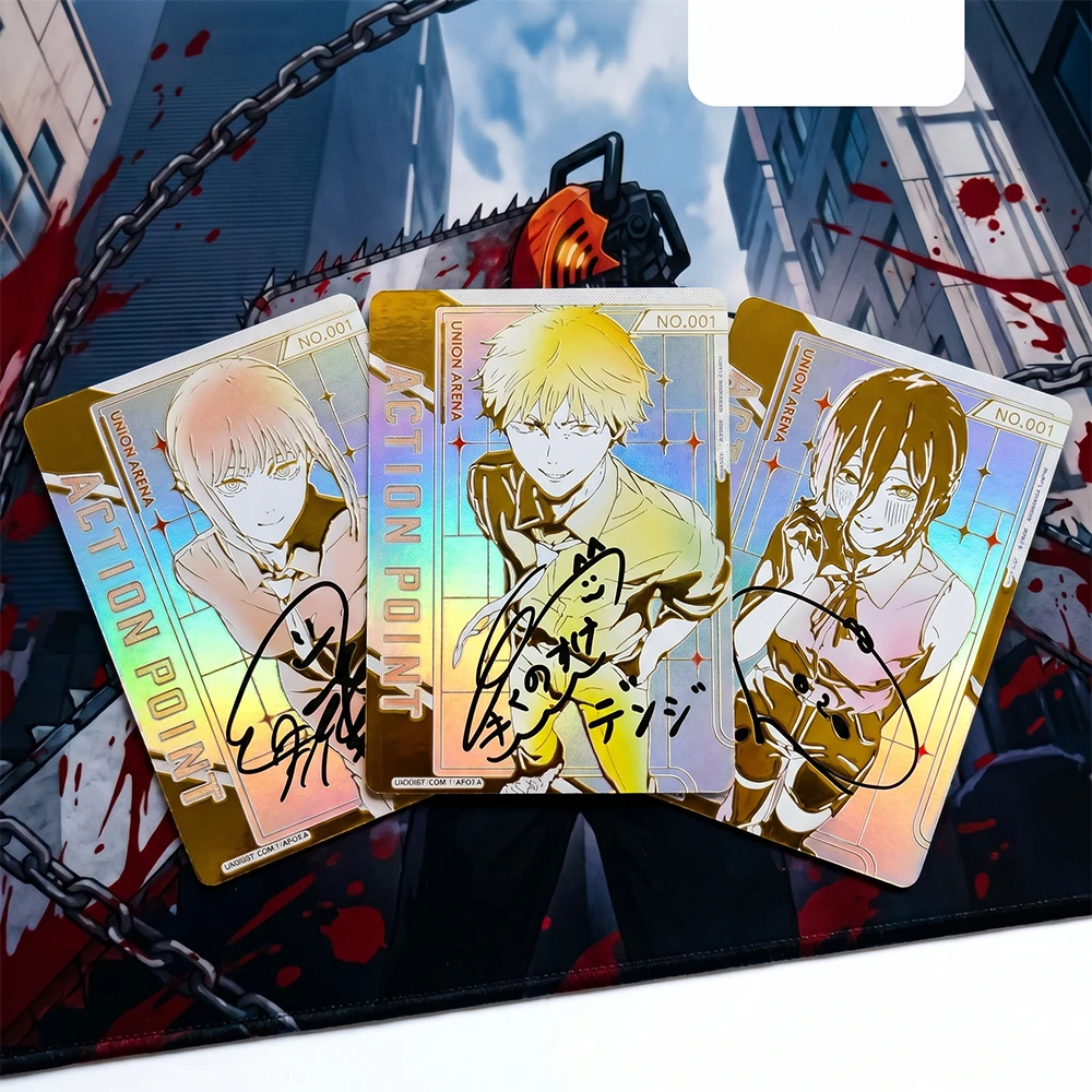 アニメユニオンアリーナコレクションカード-チェーンソーマン-デンジ-マキマ-アクションポイント-シグネチャーカード-ゴールドスタンピング-リフレクティブカラーフラッシュ