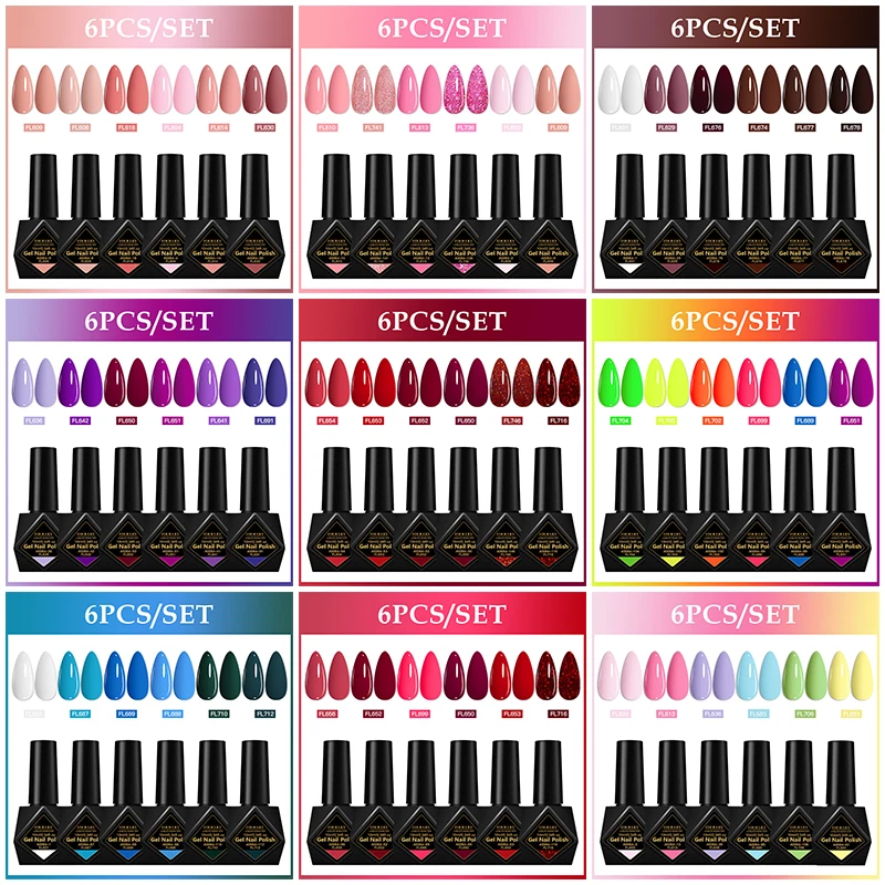 6個入り10mlネイルジェルポリッシュセットキット、最も人気のあるカラー、グリッターホログラフィック、ソークオフUVネイルアートジェル、ネイルアートマニキュア用