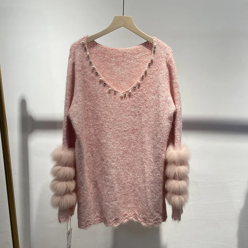 2025 가을 여성 비즈 장식 리얼 폭스 퍼 스웨터 리얼 퍼 봄 신상 니트 자켓