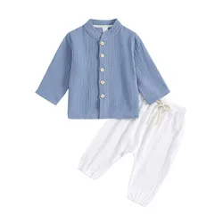 Boys Girls Pajamas Suit Clothes Baby Muslin Cotton Home Wear Set Kids Long Sleeves Outfit Tops+Pants 2PC 0-10T